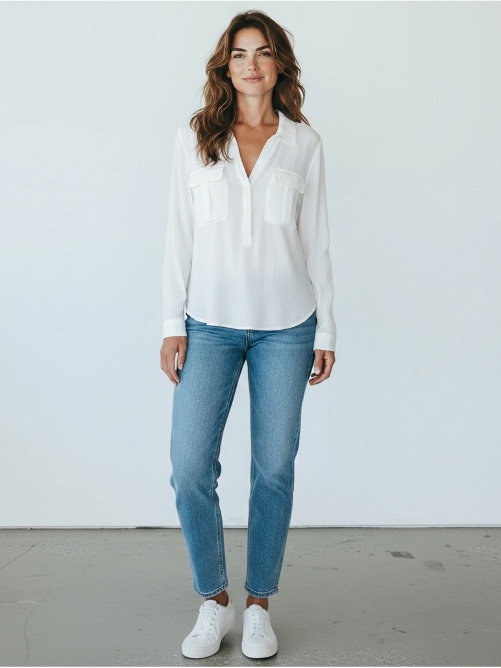 AG Adriano Goldschmied White Textured Button-Front Shirt